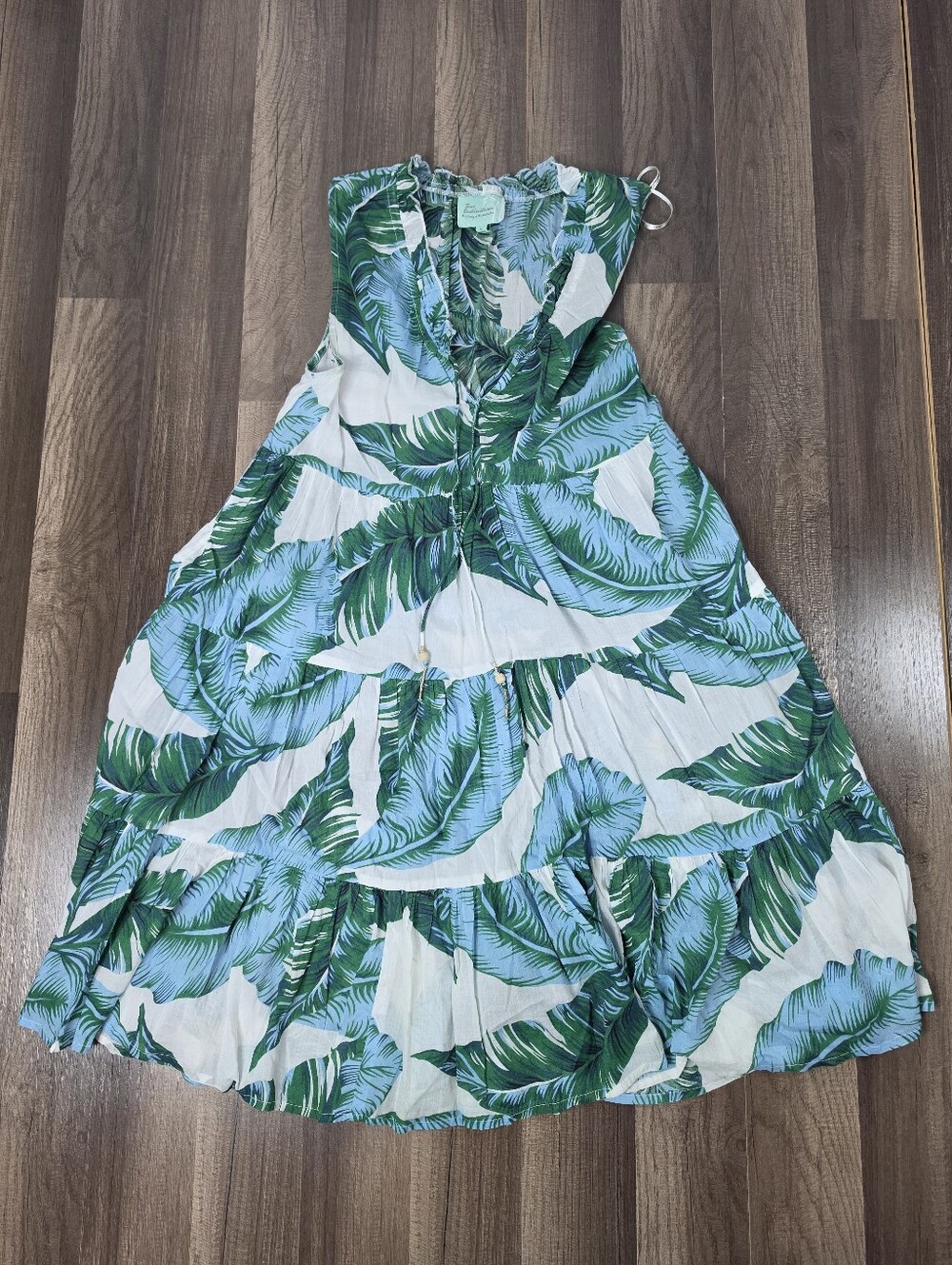 True Destinations Palm Leaf Tiered Beach Cover-Up Mini Dress Resortwear Boho. S